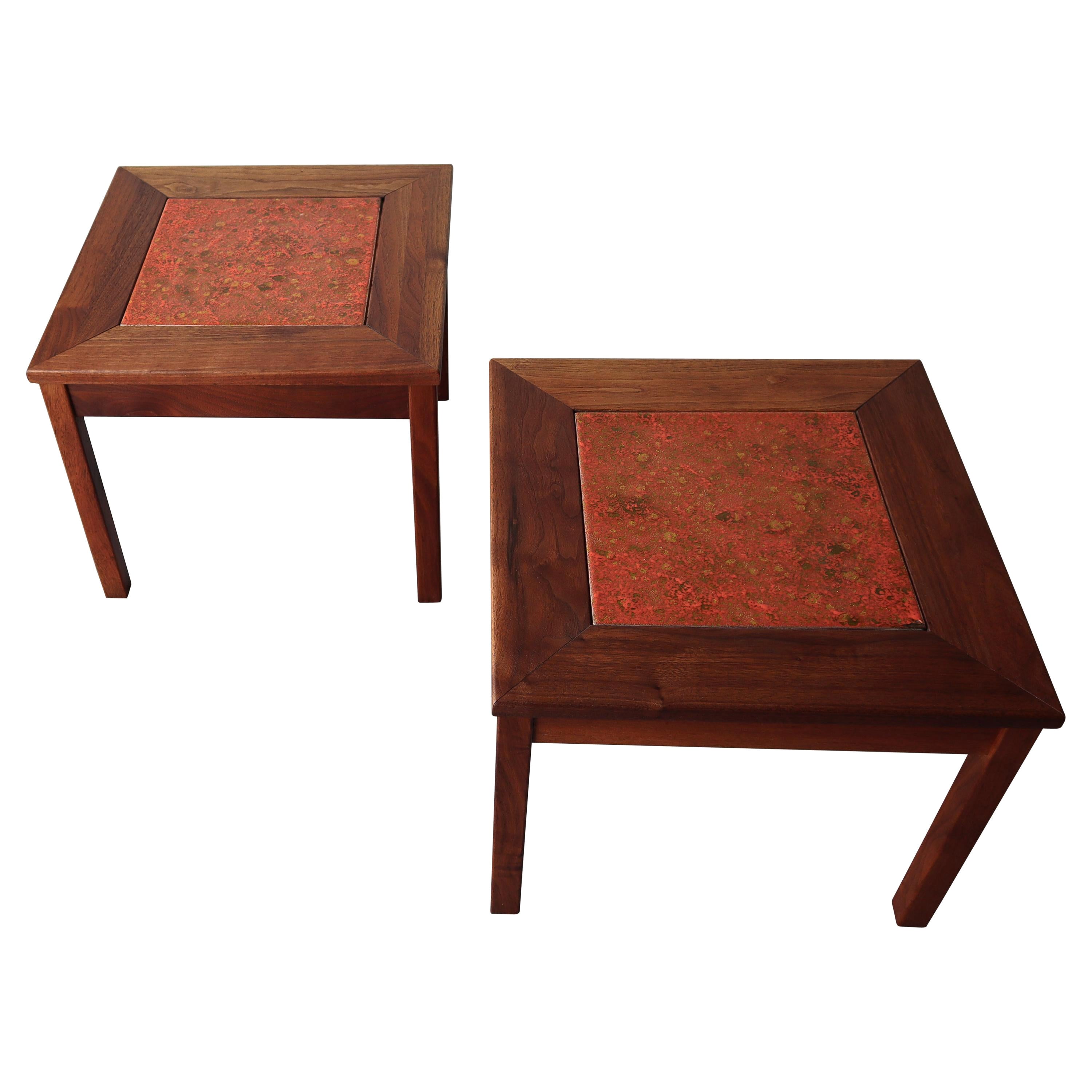 Pair of Midcentury Enameled Copper and Walnut Side Tables