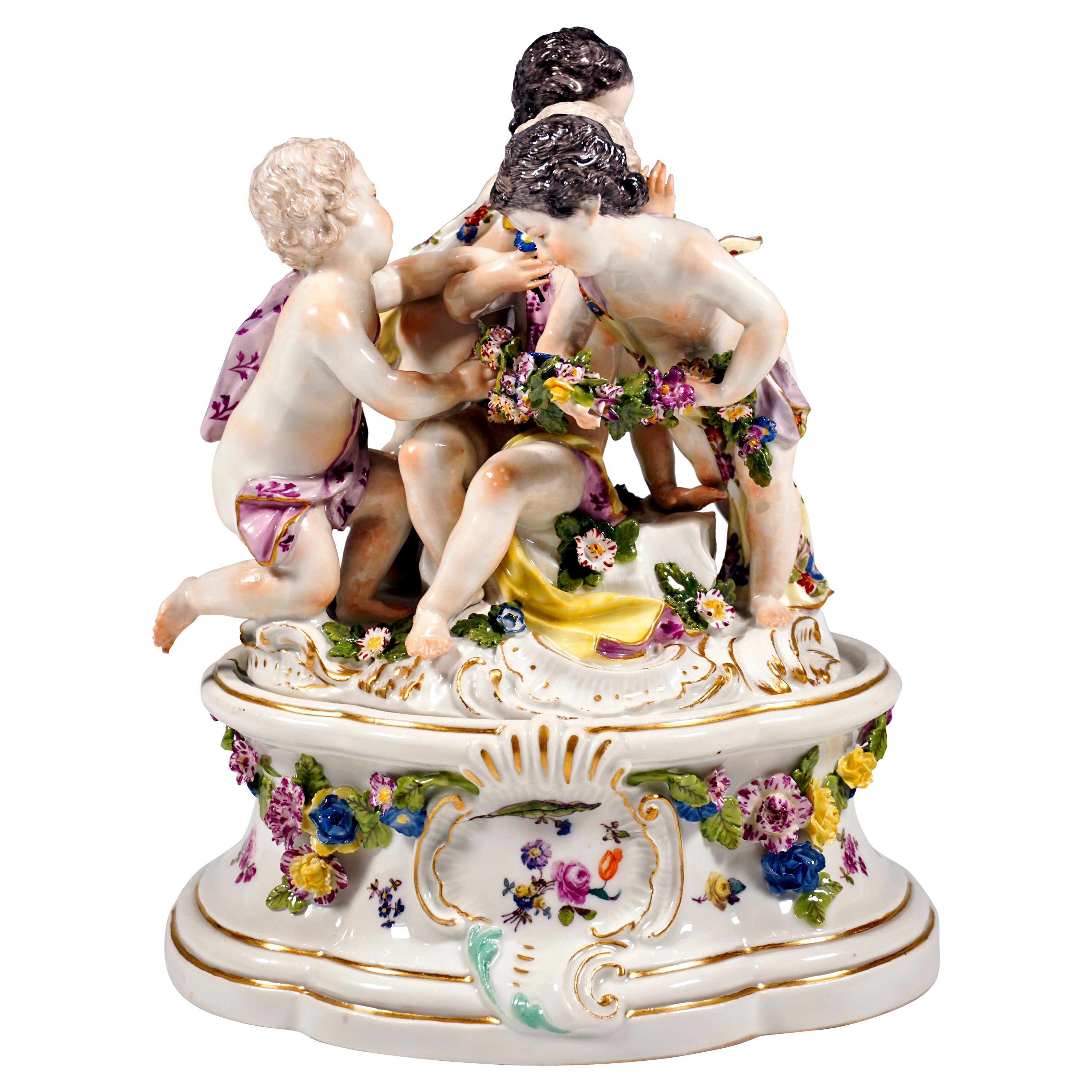 Gruppo di Cupido di Meissen del 1750 circa, allegoria della primavera, con base aggiuntiva