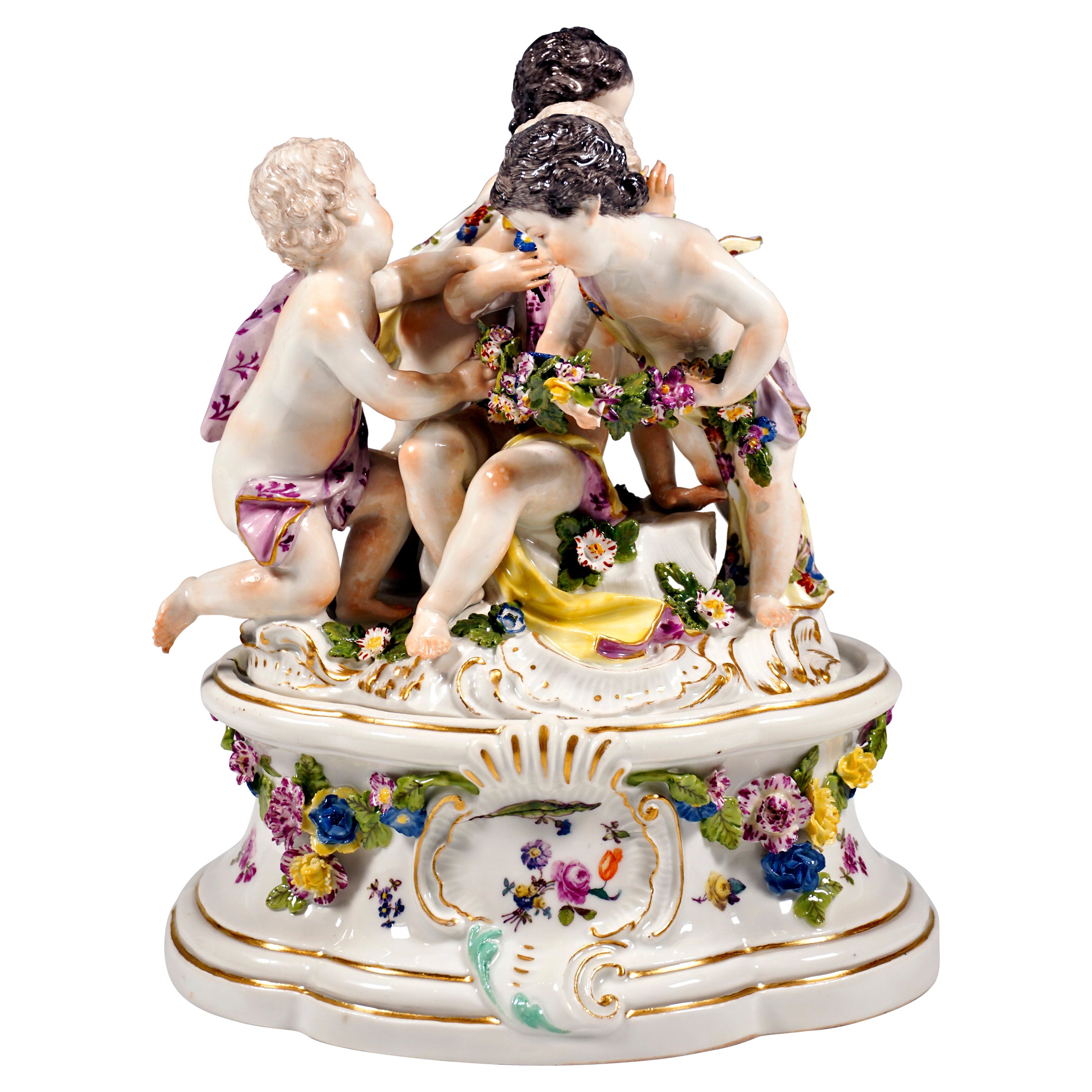 Groupe de Meissen Cupidon du début vers 1750, Allégorie du printemps, avec base supplémentaire