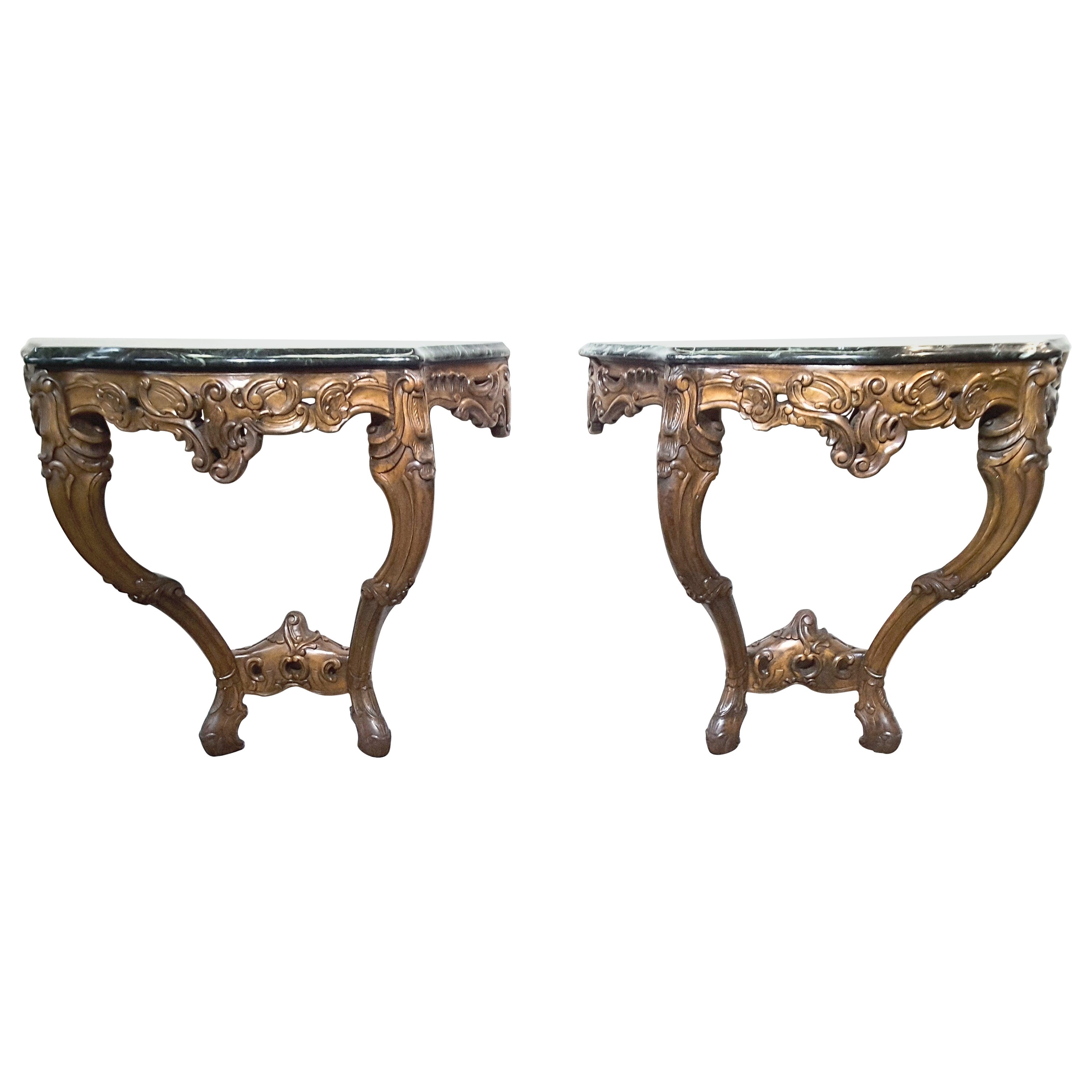 Pair of Louis XV Style Fruitwood Console Tables with Verde Green Marble Tops For Sale