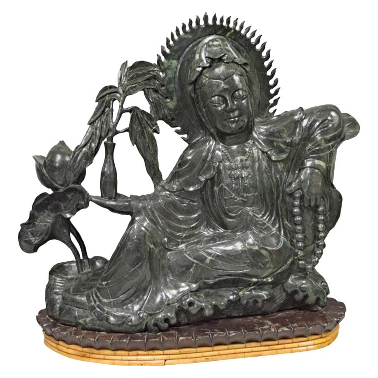 Massive Chinese Guanyin Statue in Jade-Like Green Hardstone For Sale