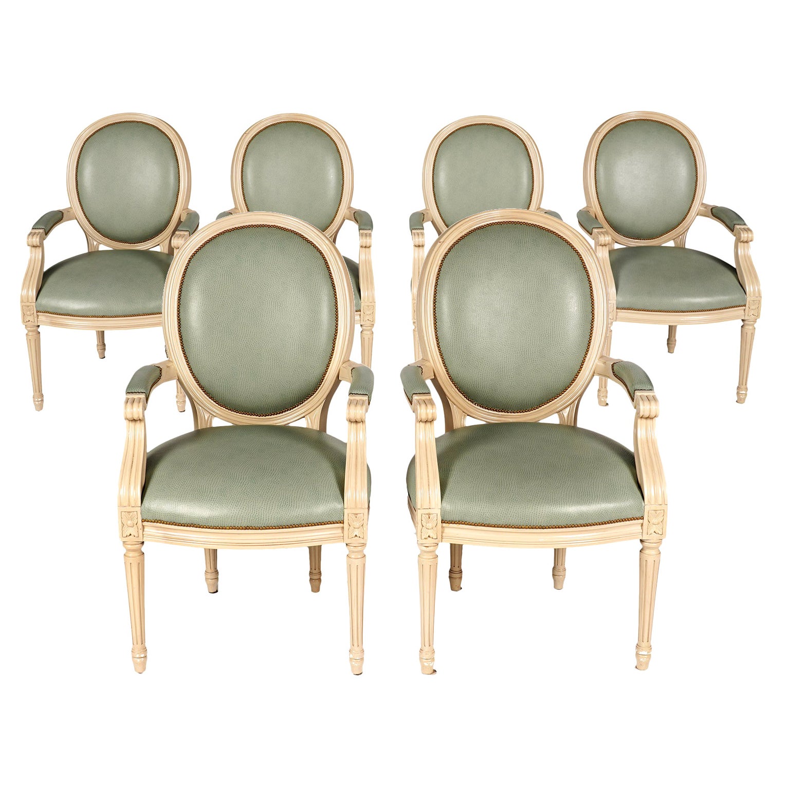 Group of Six Louis XVI Style Painted and upholstered Oval Back Armchairs, 20th C