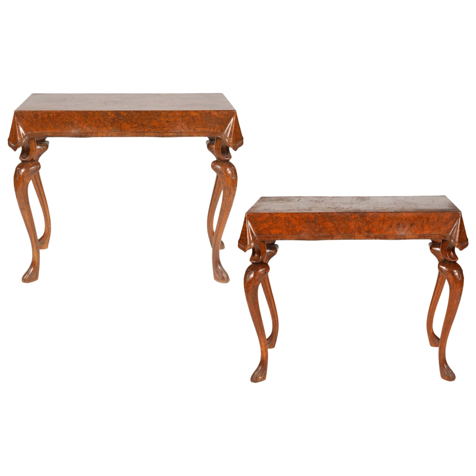 Pair of Italian Sculptural Carved Walnut and Olive Wood Console Tables, 1920's