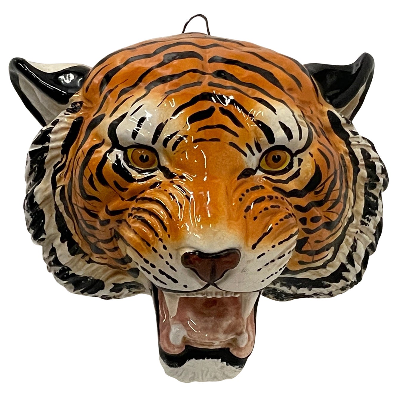 Striking Italian Hand Painted Terracotta Tiger Head Wall Sculpture