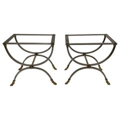 Refined Pair of Steel & Brass Maison Jansen Style End Tables with Hoof Feet
