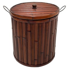 Vintage Handsome Bamboo Container Hamper with Metal Handles