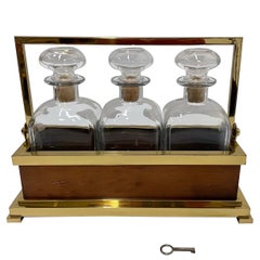 Sleek Brass & Mahogany Set of 3 Glass Liquor Decanters Tantalus