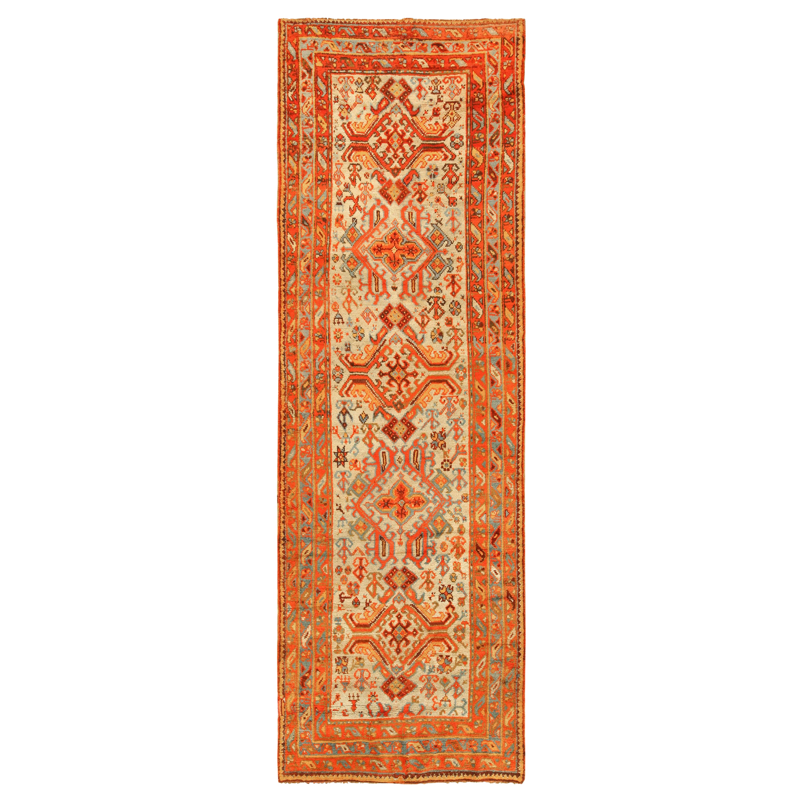 Antique Turkish Oushak Runner Rug. Size: 4 ft 6 in x 14 ft