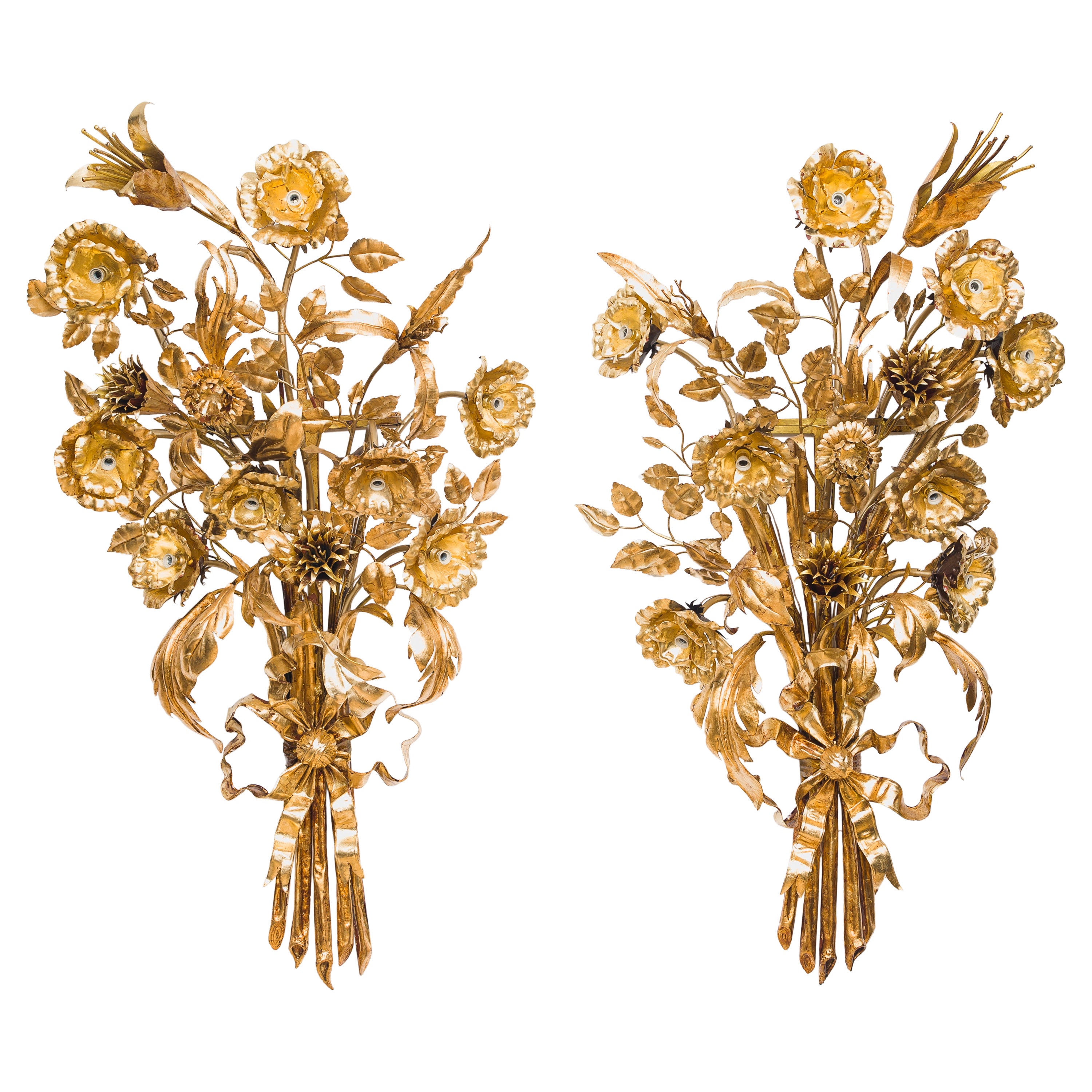 Pair of Iron and Gold Leaf Sconces, France, circa 1910 For Sale
