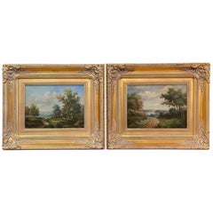 Pair of Midcentury English Pastoral Oil on Canvas Paintings in Gilt Frames
