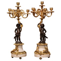 Antique Pair of 19th Century French Patinated Bronze and Marble Six-Arm Candle Holders