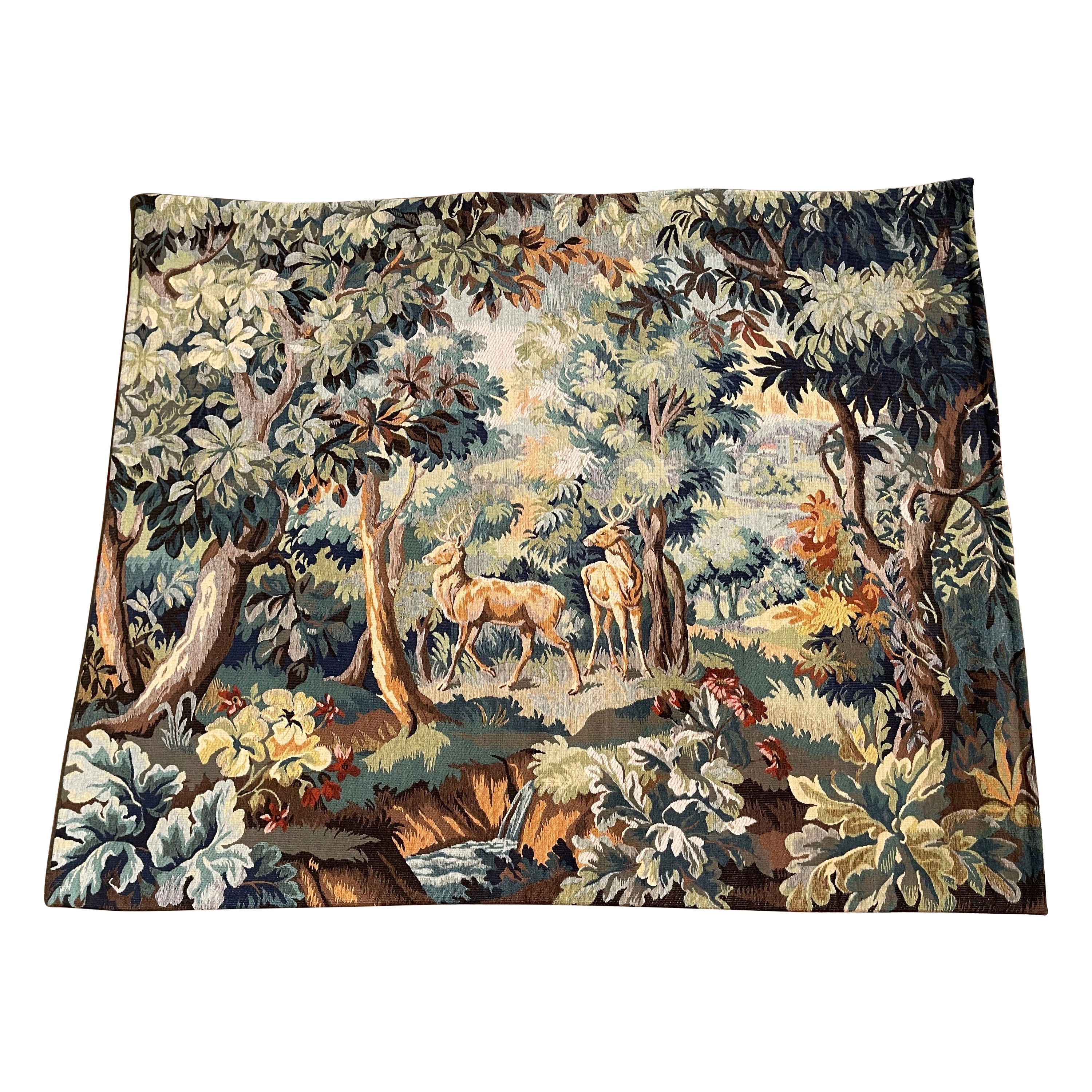 Mid-Century Flemish Woven Deer Tapestry Titled "La Verdure aux Cerfs"