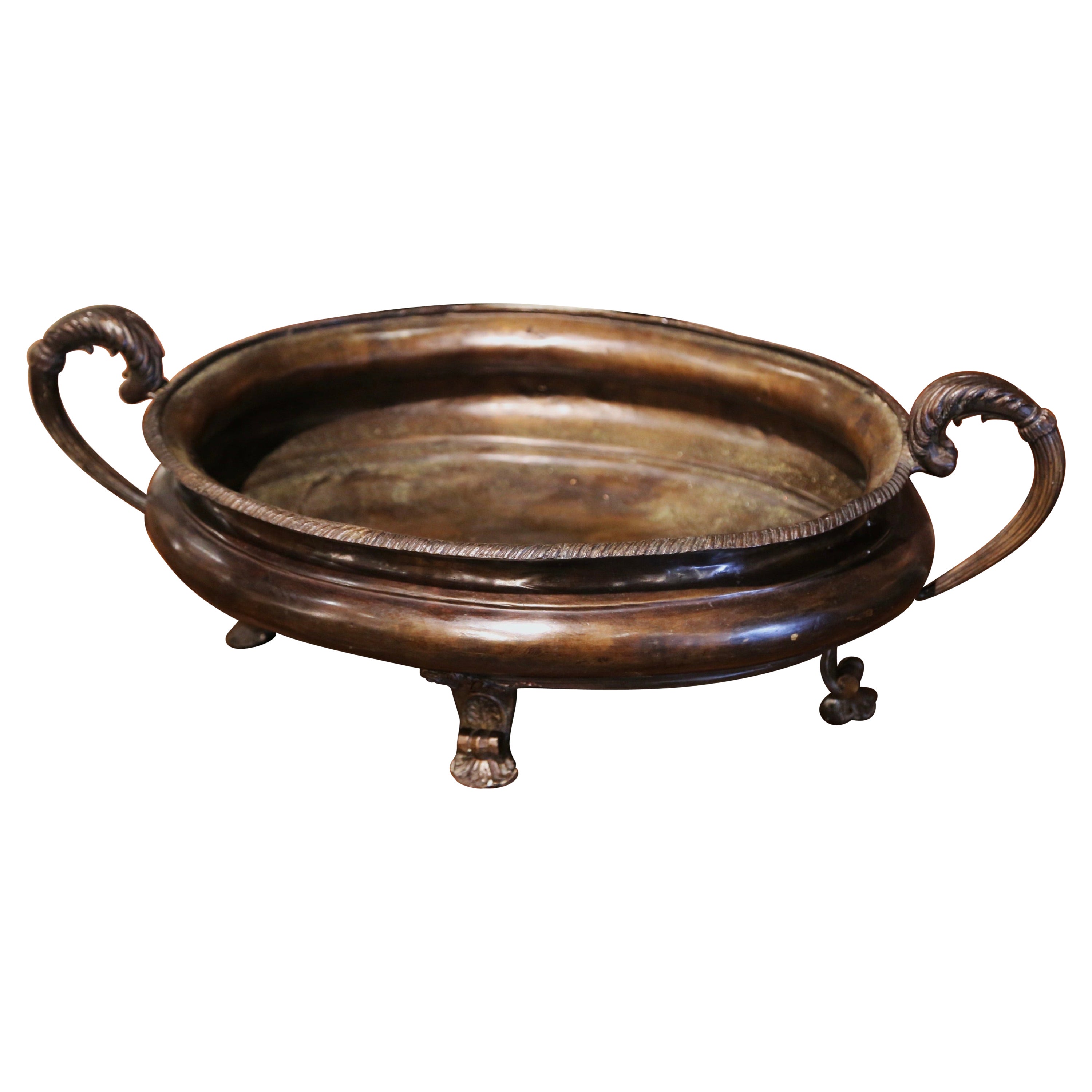 19th Century French Oval Patinated Bronze Jardiniere with Handles For Sale