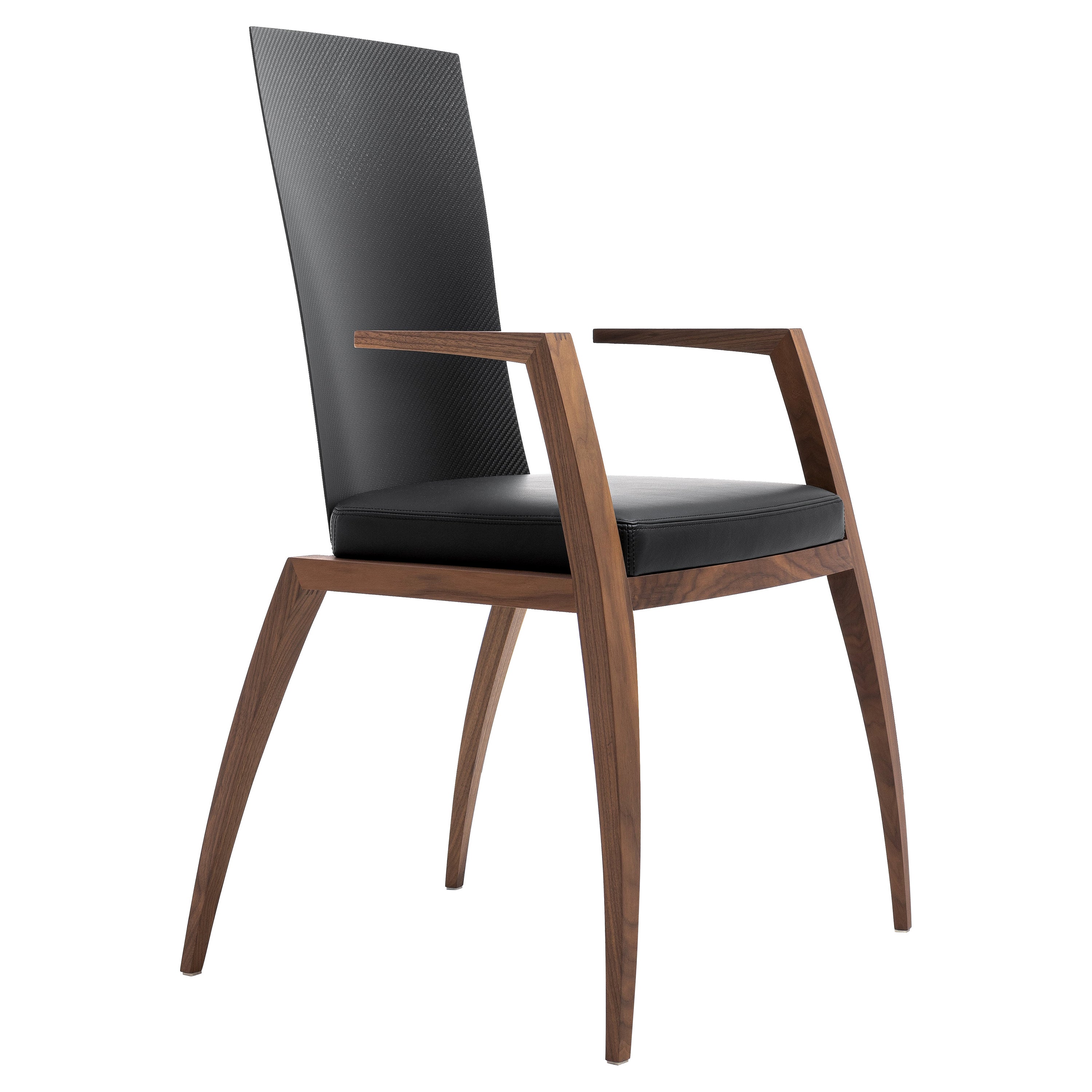 Modern Design Chair with Armrests, Made in Canaletto Walnut and Carbon Fiber