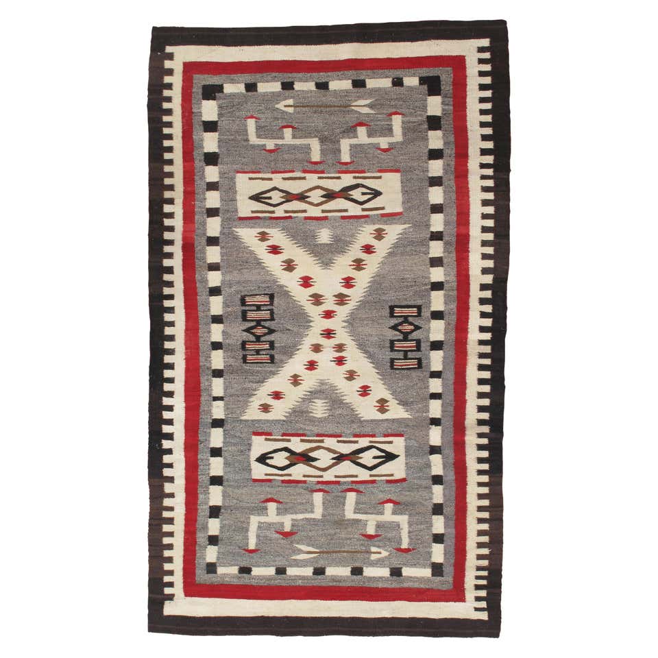 Antique Navajo Carpet, Folk Rug, Handmade Wool, Beige, Gray, Orange For ...