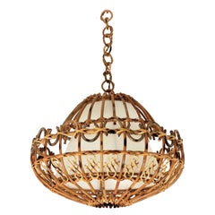 Rattan Large Pendant Hanging Light / Lantern, 1960s