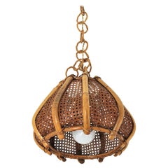 Italian Modernist Wicker Bamboo Bell Shaped Chandelier Pendant, 1960s