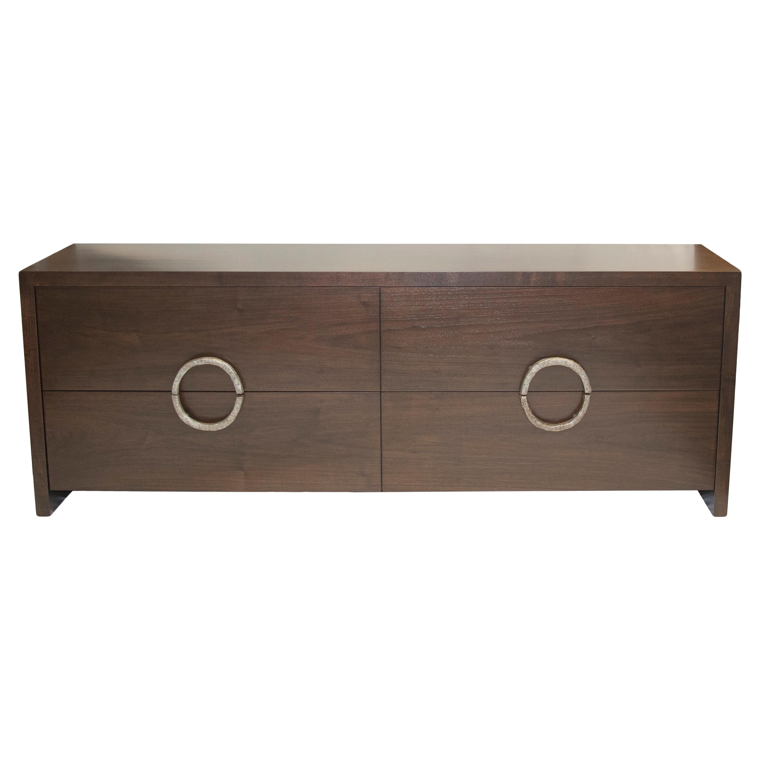 Walnut Credenza with Hand Sculpted Bronze Ring Handles