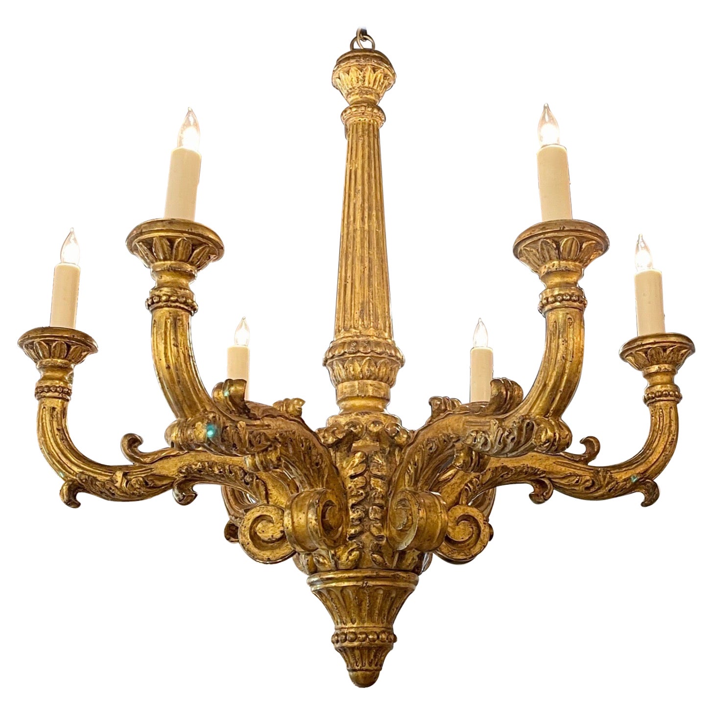 Großer italienischer Kronleuchter aus geschnitztem und vergoldetem Holz aus dem 19. Jahrhundert