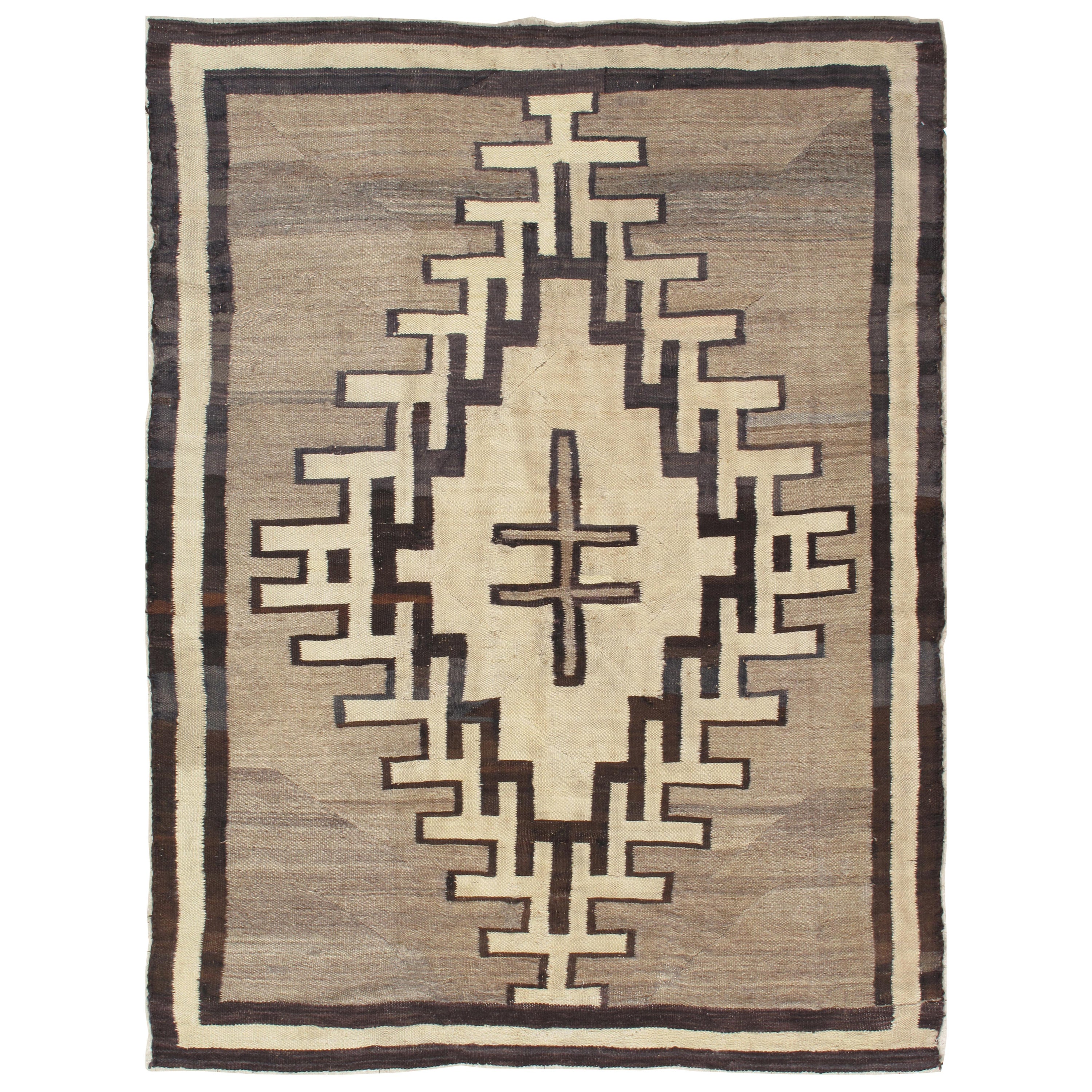 Antique Navajo Carpet, Handmade Wool, Neutral colors, Ivory, Beige, Gray & Brown For Sale