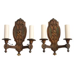 1940s Pair of Gothic Double Arm Sconces Done in a Gold Bronze Finish