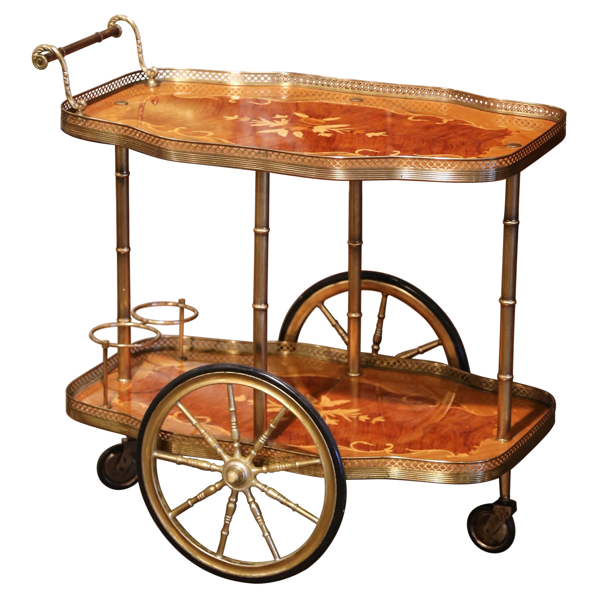 Mid-20th Century French Rosewood and Brass Tea Cart with Marquetry Inlaid Motifs