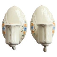 1910s Pair of White Porcelain Floral Wall Sconces