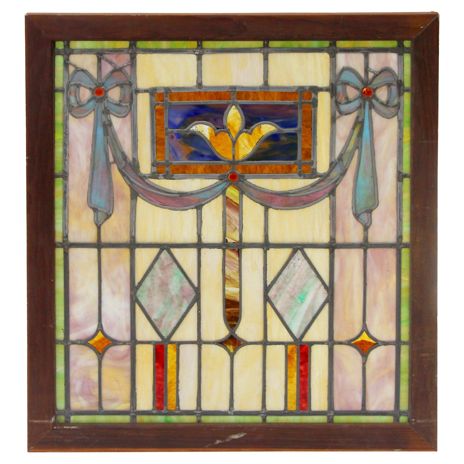 1890 Victorian Stained Glass Window with Jewels & Vibrant Colors