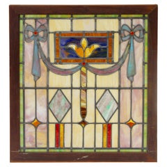 Antique 1890 Victorian Stained Glass Window with Jewels & Vibrant Colors