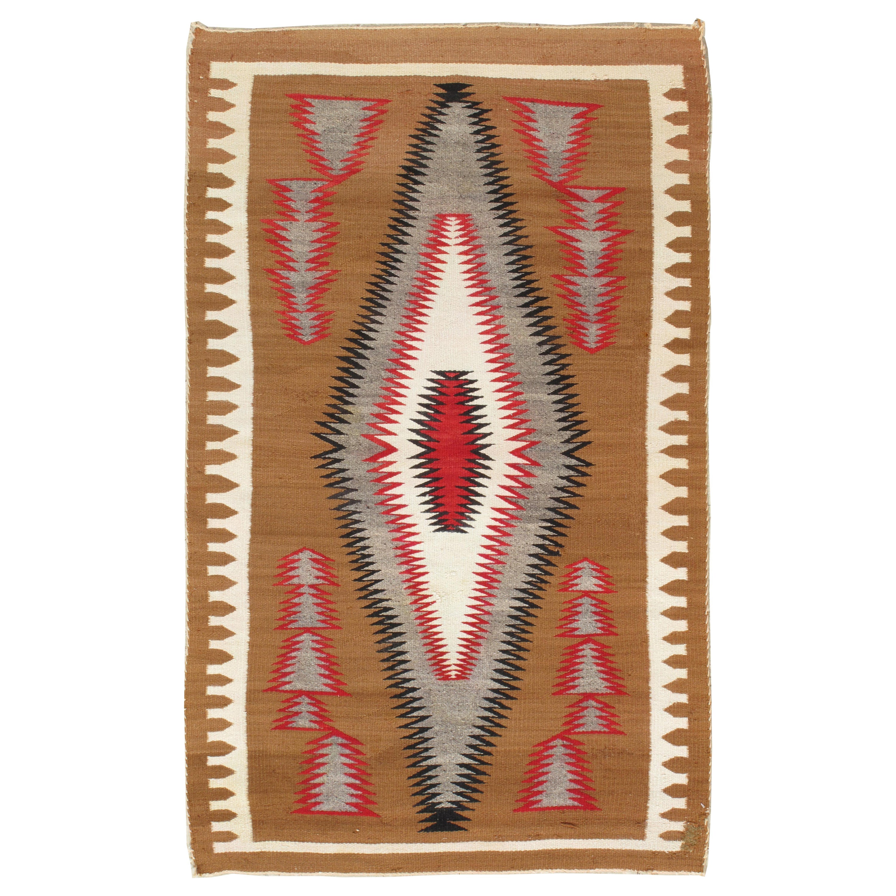 Antique Navajo Carpet, Storm Pattern Rug, Handmade Wool Rug, Gray, Red and Tan