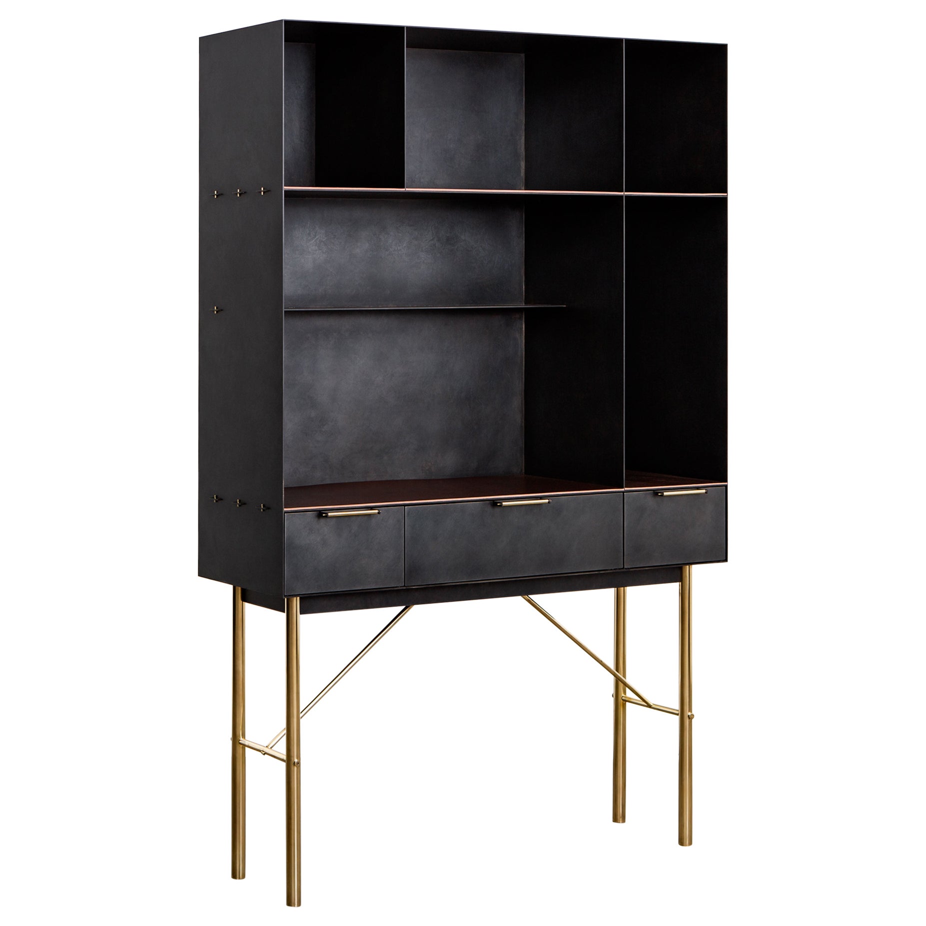 Connect Bookcase or Shelf Customizable in Blackened Steel and Polished Bronze For Sale