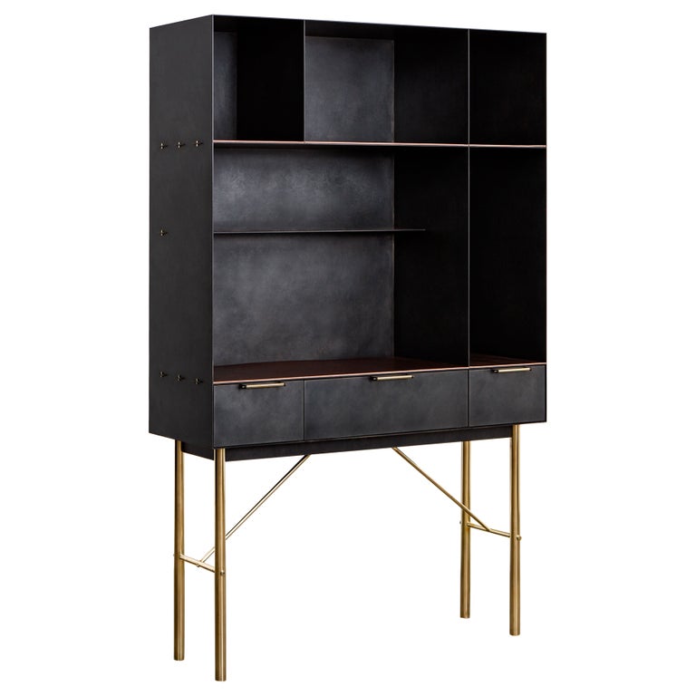 Connect Bookcase or Shelf Customizable in Blackened Steel and Polished