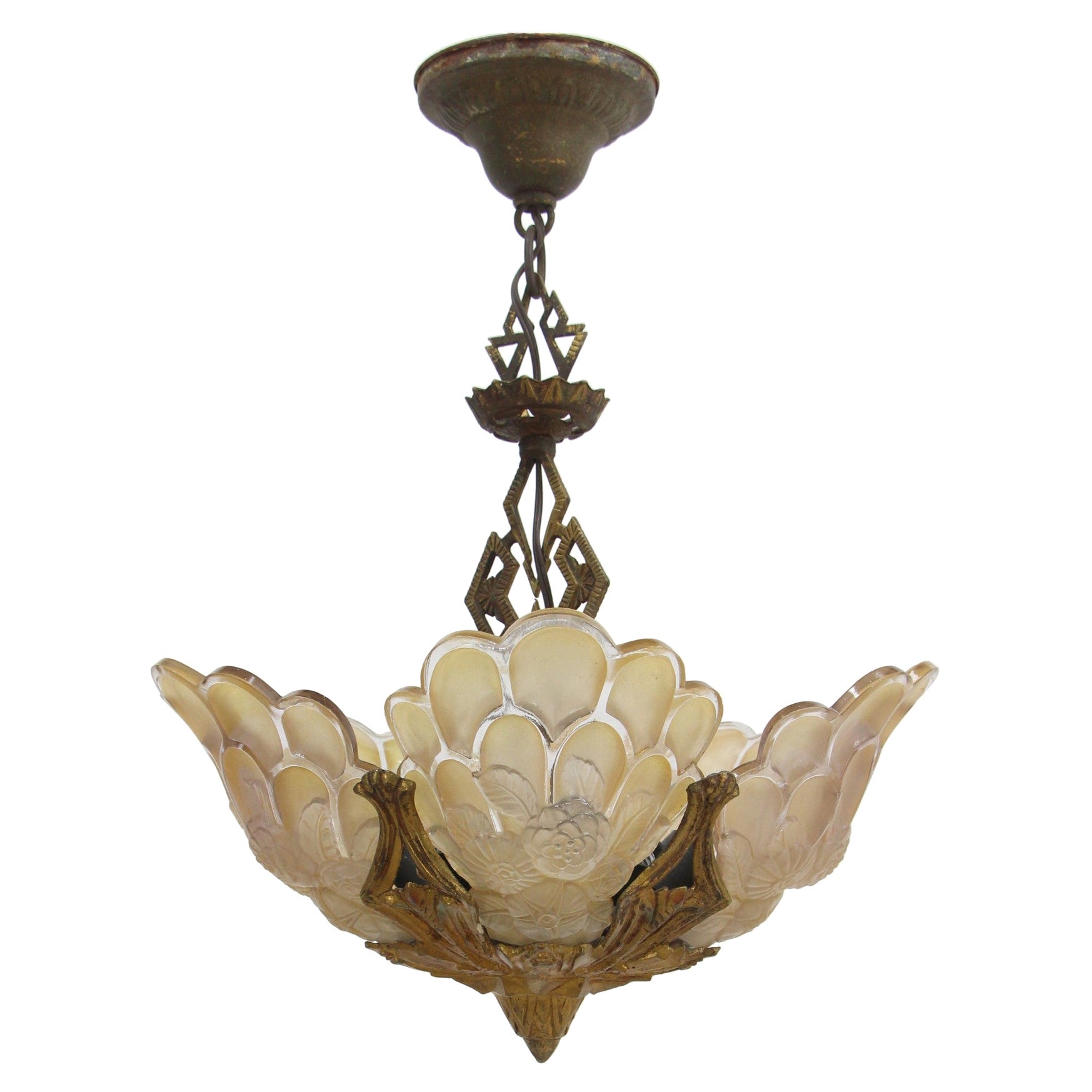 1930s Art Deco Floral Slip Shade Chandelier with 5 Lights