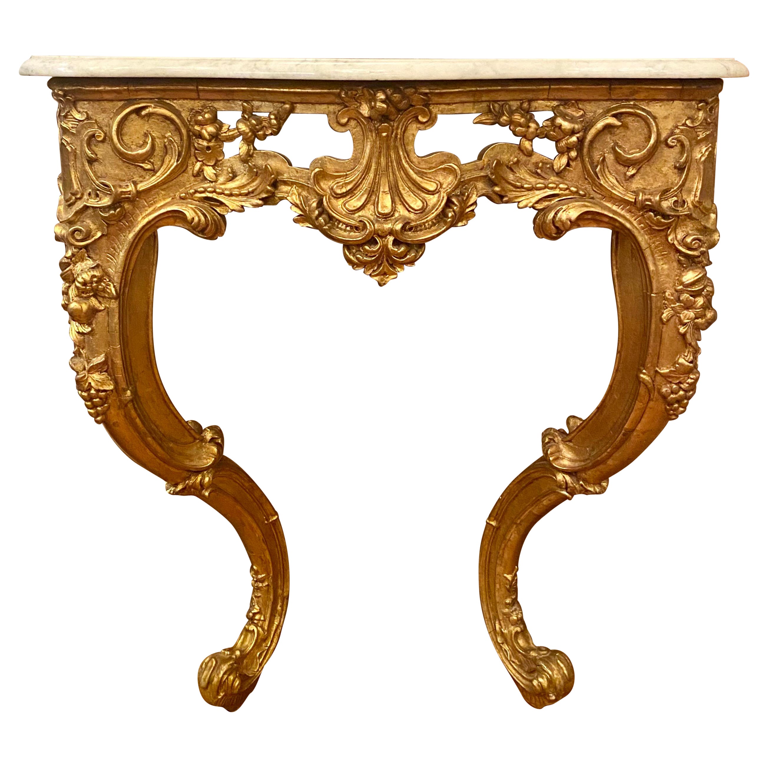 Antique French Louis XV Style Gold Console with White Marble Top, Ca 1910-1920 For Sale