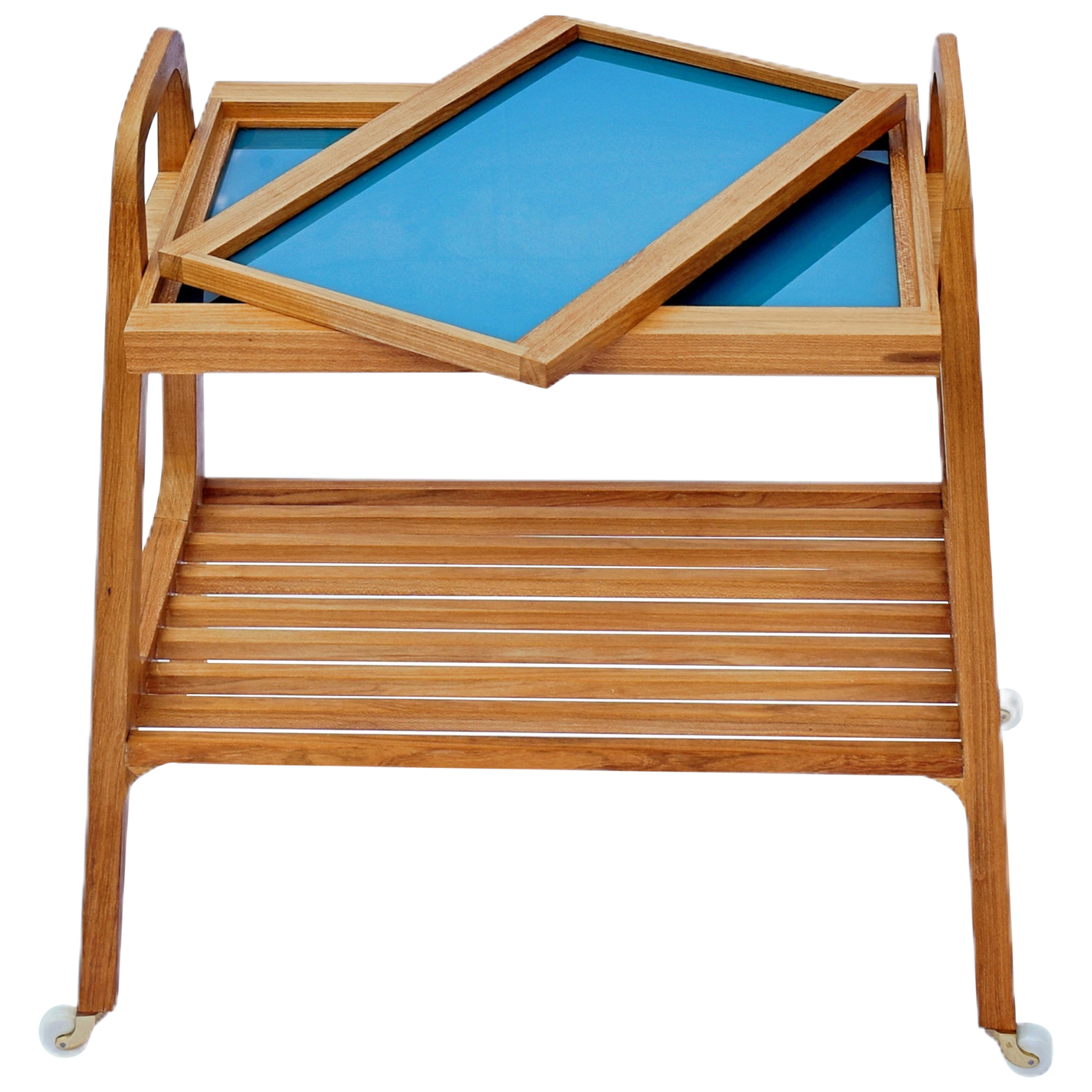 SOFO Tea Trolley in Freijo Wood with Blue Glass Tray For Sale