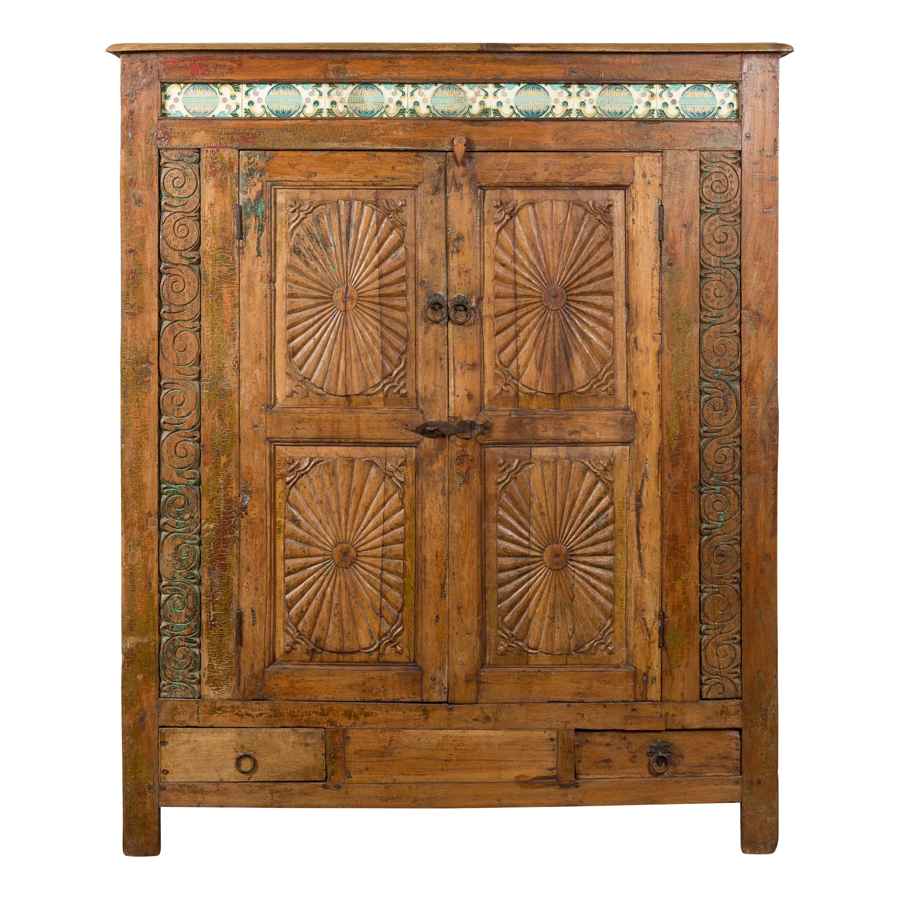 Indonesian 19th Century Cabinet with Sunburst Design and Blue & Yellow Enameled 