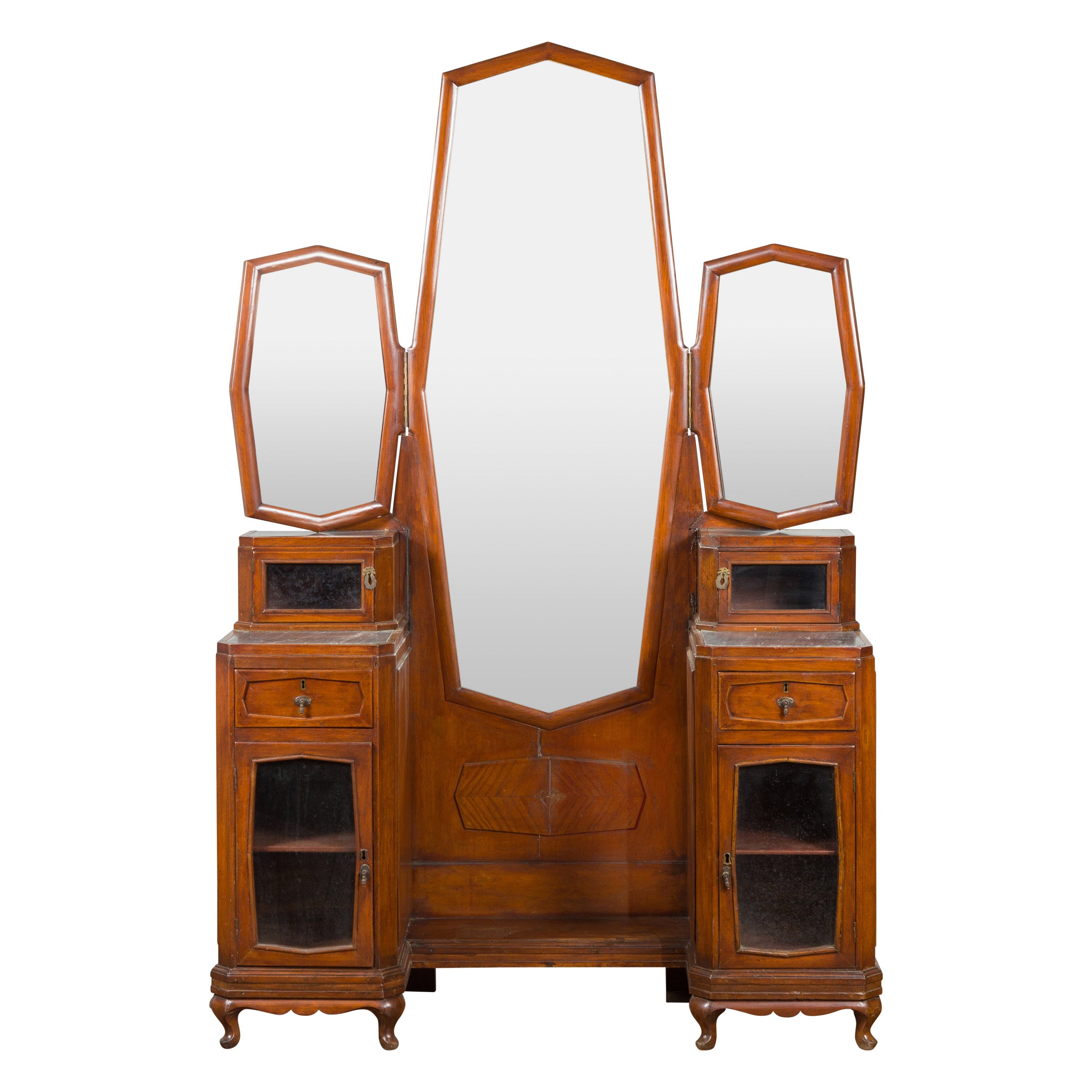 Indonesian Vintage Vanity Table with Octagonal Mirrors & Marble Tabletops For Sale