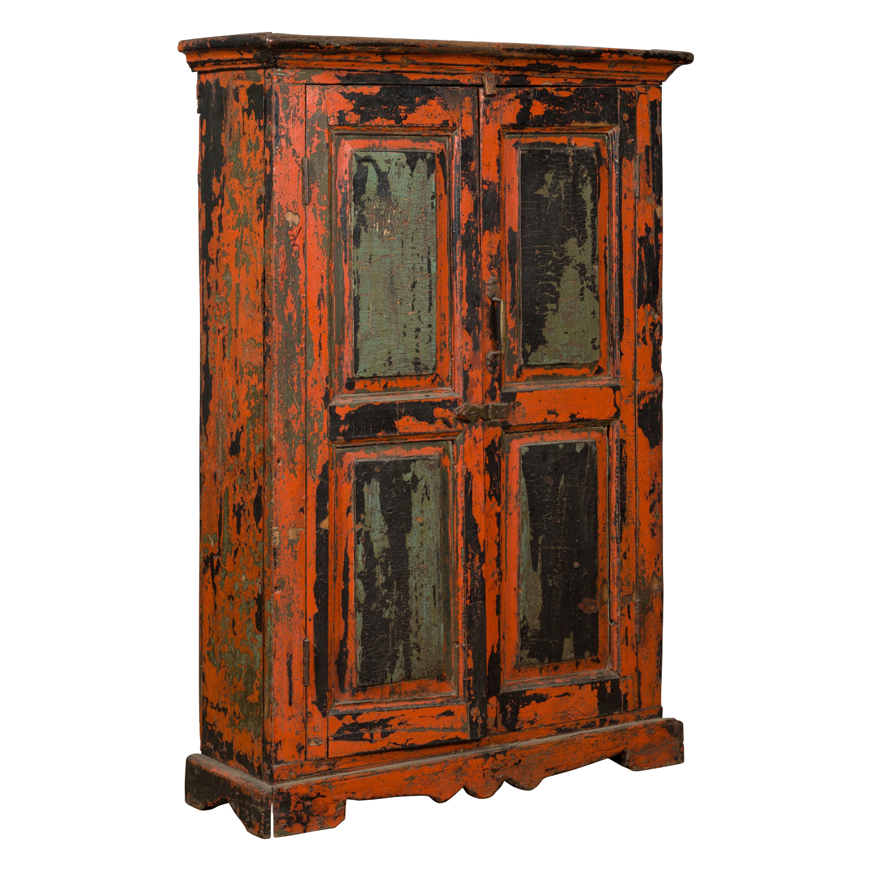 19th Century Indian Hand-Painted Burnt Orange and Green Cabinet For Sale