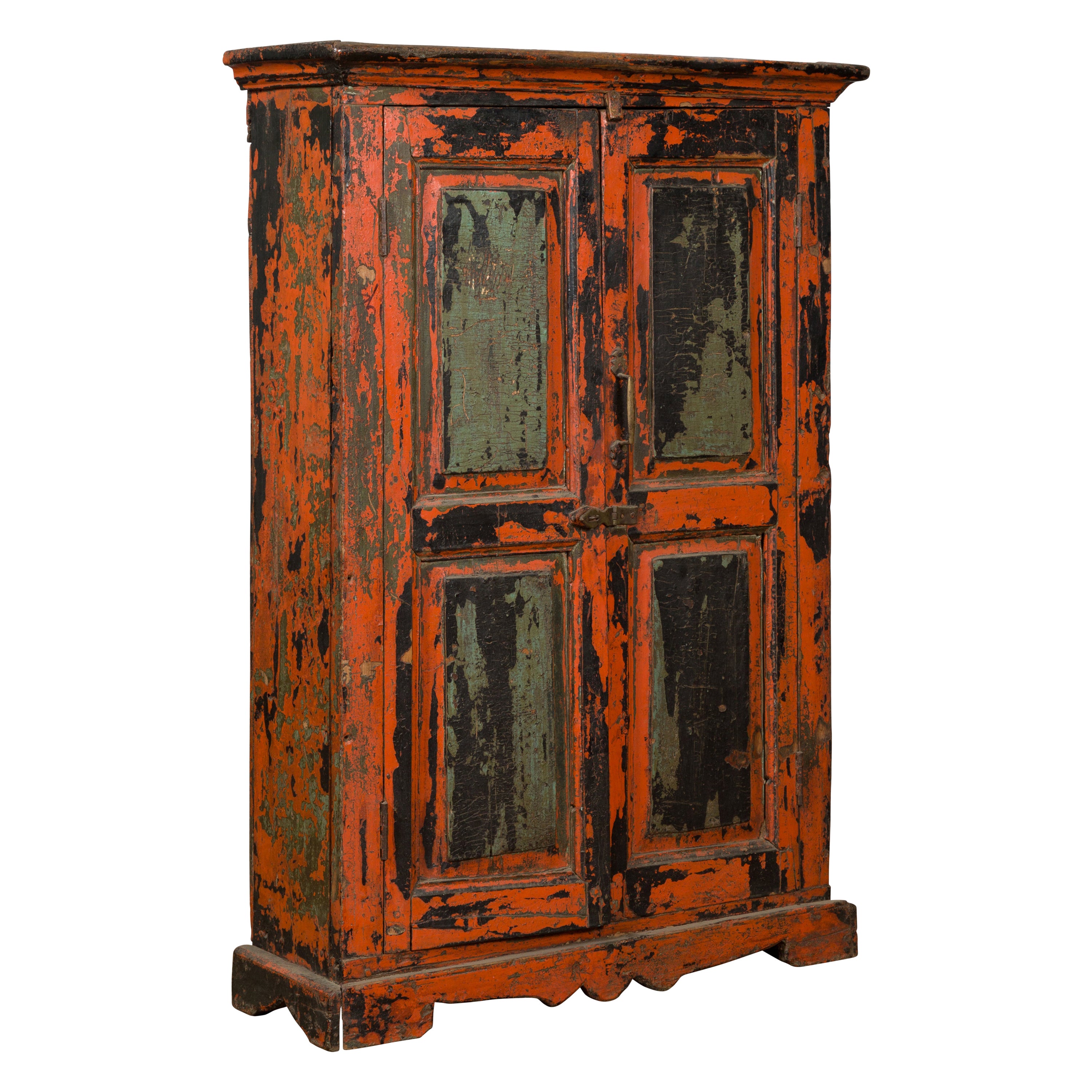 19th Century Indian Hand-Painted Burnt Orange and Green Cabinet 