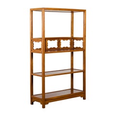 Antique Qing Dynasty Tall Three Shelved Bookcase with Carved Accents