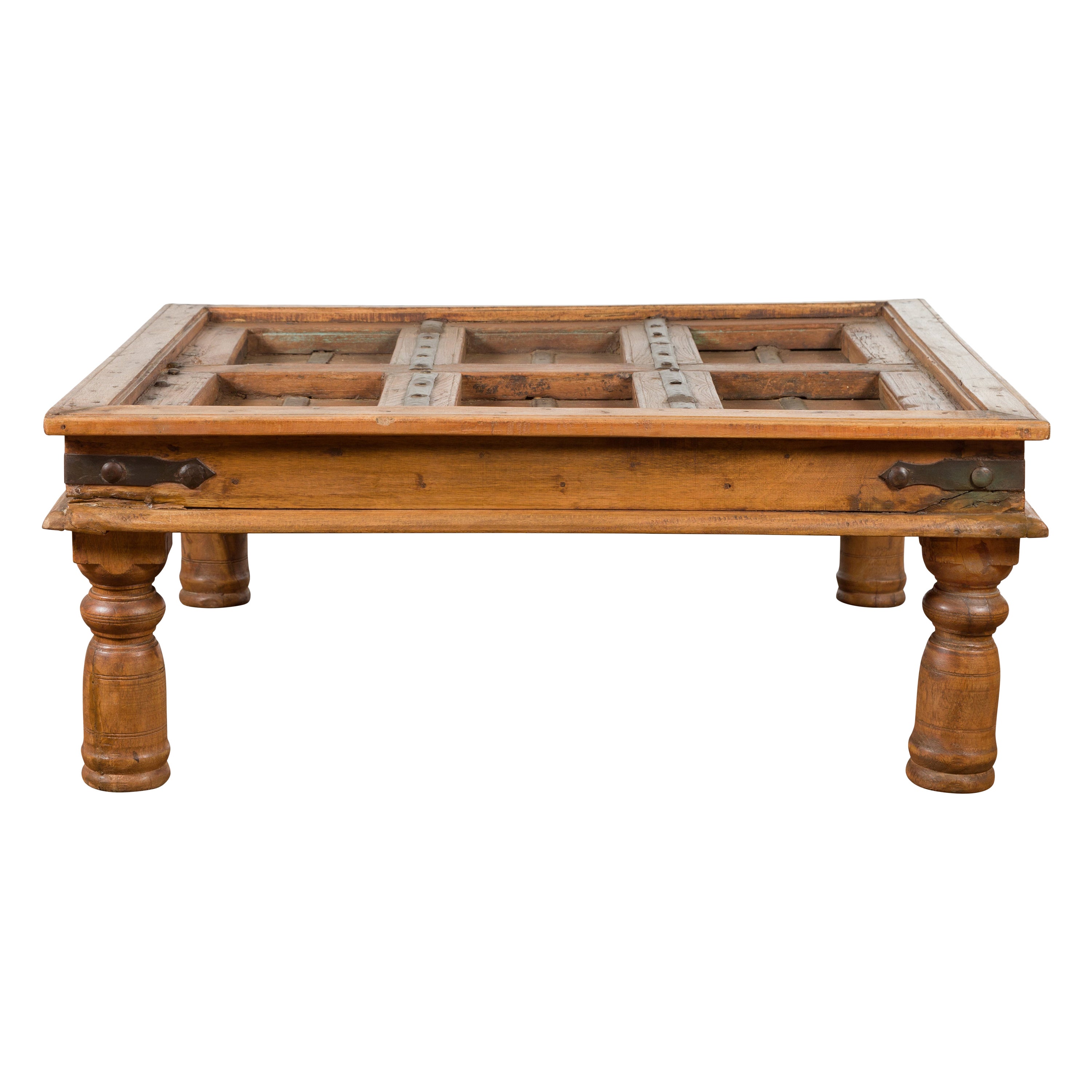 Indian 19th Century Paneled Door with Iron Accents Turned into a Coffee Table