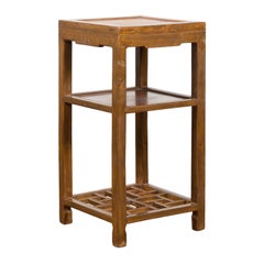 Retro Honey Brown Side Table with Geometric Base Shelf