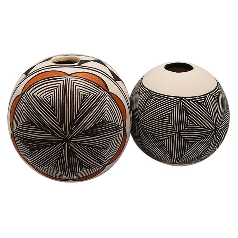 Two Polychrome Southwestern Indian Acoma Vessels in Brown, Black Orange, a Pair