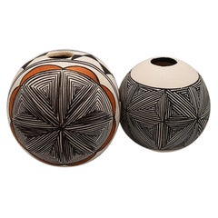 Two Polychrome Southwestern Indian Acoma Vessels in Brown, Black Orange, a Pair