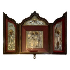 Gothic Style Huge Triptych  Shadow Box/Display Of Orthodox Church Silver Icons