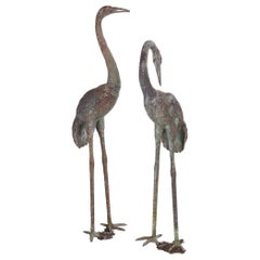 Vintage Two Large Bronze Cranes in Hollywood Regency Style, 1970s
