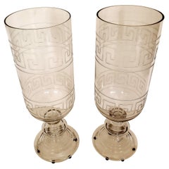 Stunning Pair of Glass Greek Key Motife Candle Holders Hurricanes