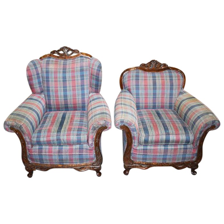 Antique King and Queen Carved Wood Plaid Chairs, a Pair 1900s