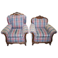 Used King and Queen Carved Wood Plaid Chairs, a Pair 1900s