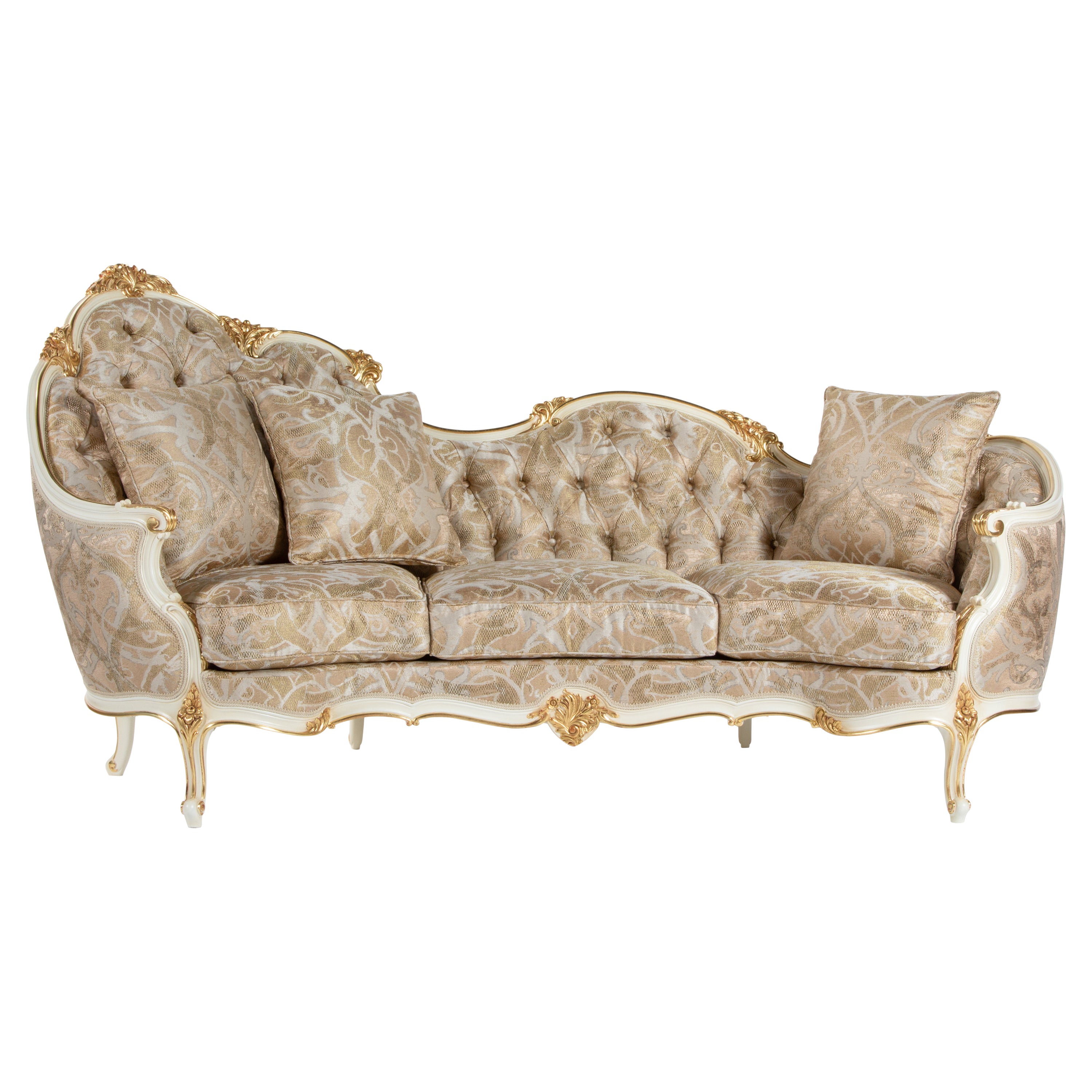 Settee gauche de style Louis XV, sculptée à la main et décorée de feuilles d'or, fabriquée en Italie